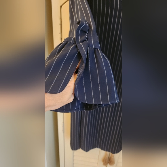 Navy and White Pinstriped Ruffle Sleeve Shift Dress: Professional, Office? - Picture 2 of 8
